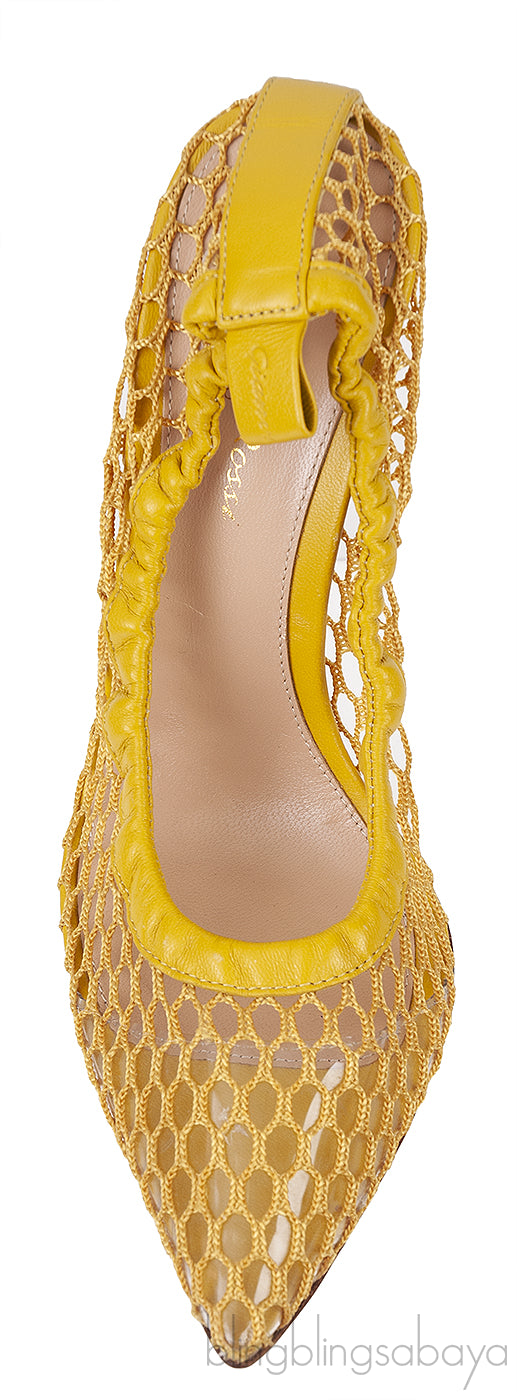 Mustard Leather Trimmed Fishnet Pump