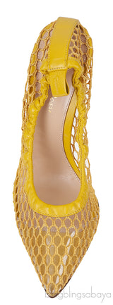 Mustard Leather Trimmed Fishnet Pump