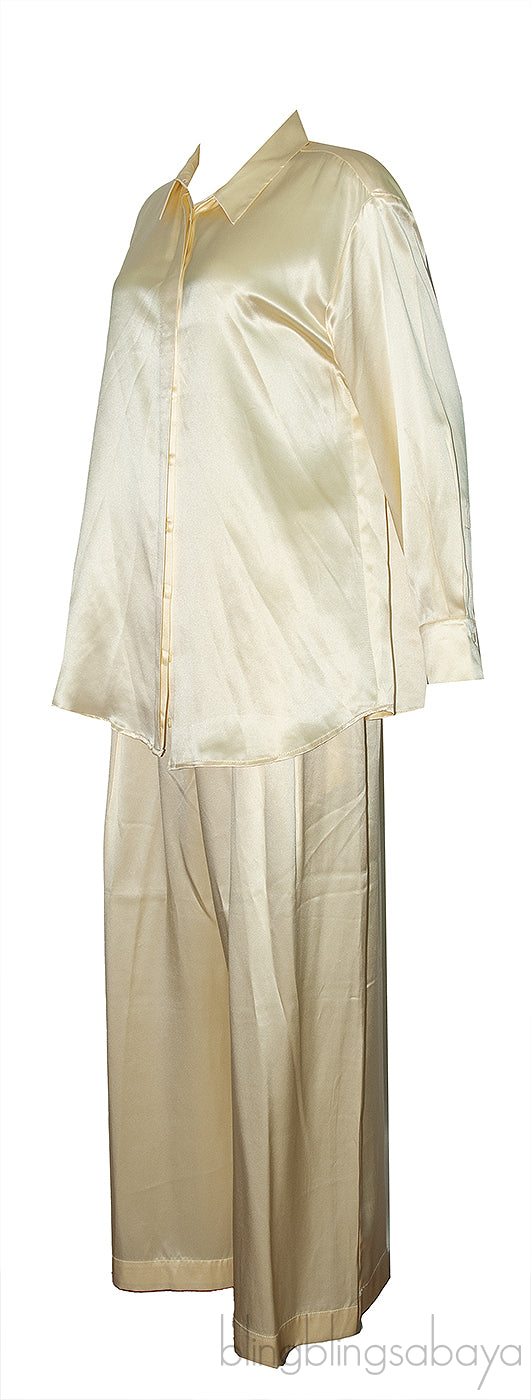 Light Yellow Silk-satin Wide-leg Pants & Silk Satin Shirt