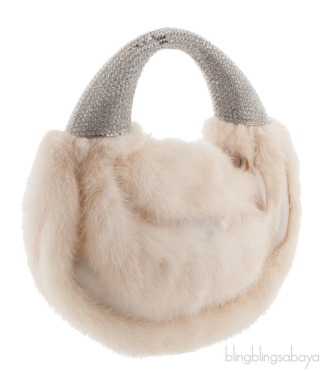 Ivory White Fur Crystal Handbag