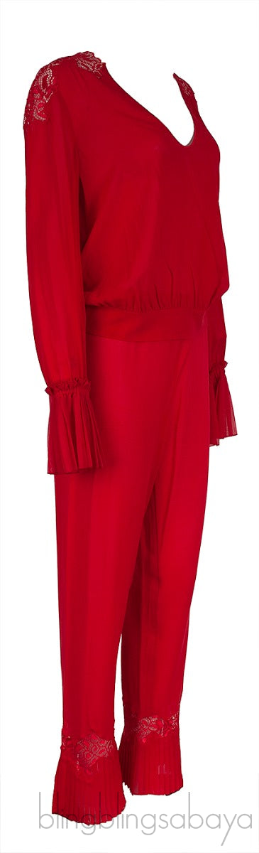 La Perla Red Pleated Trim Silk Pajama Set