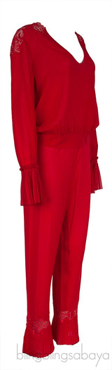 La Perla Red Pleated Trim Silk Pajama Set