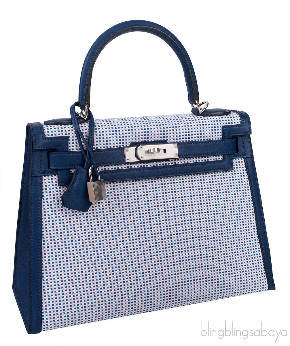 Kelly 28 Sellier Toile Quadrille Veau Swift Ecru-Mauve-Blue