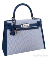 Kelly 28 Sellier Toile Quadrille Veau Swift Ecru-Mauve-Blue