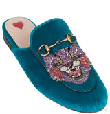 Teal Tiger Embroidered Princetown Slide