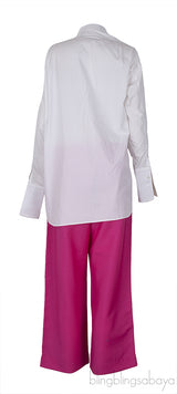 White Long Sleeve Shirt And Fuchsia Wide Leg Trouser