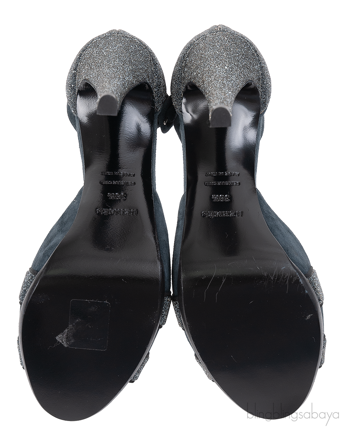 Hermes Premiere Glitter Blue Grey Suede Sandals