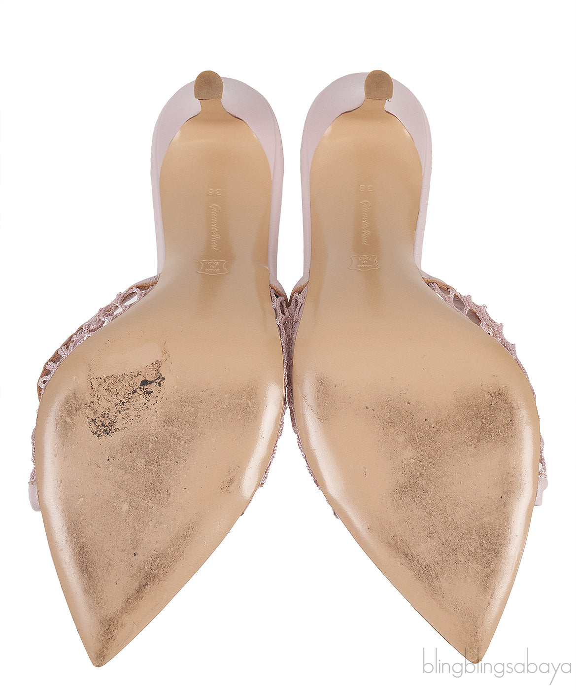 Pink Fishnet Leather Trimmed Mules