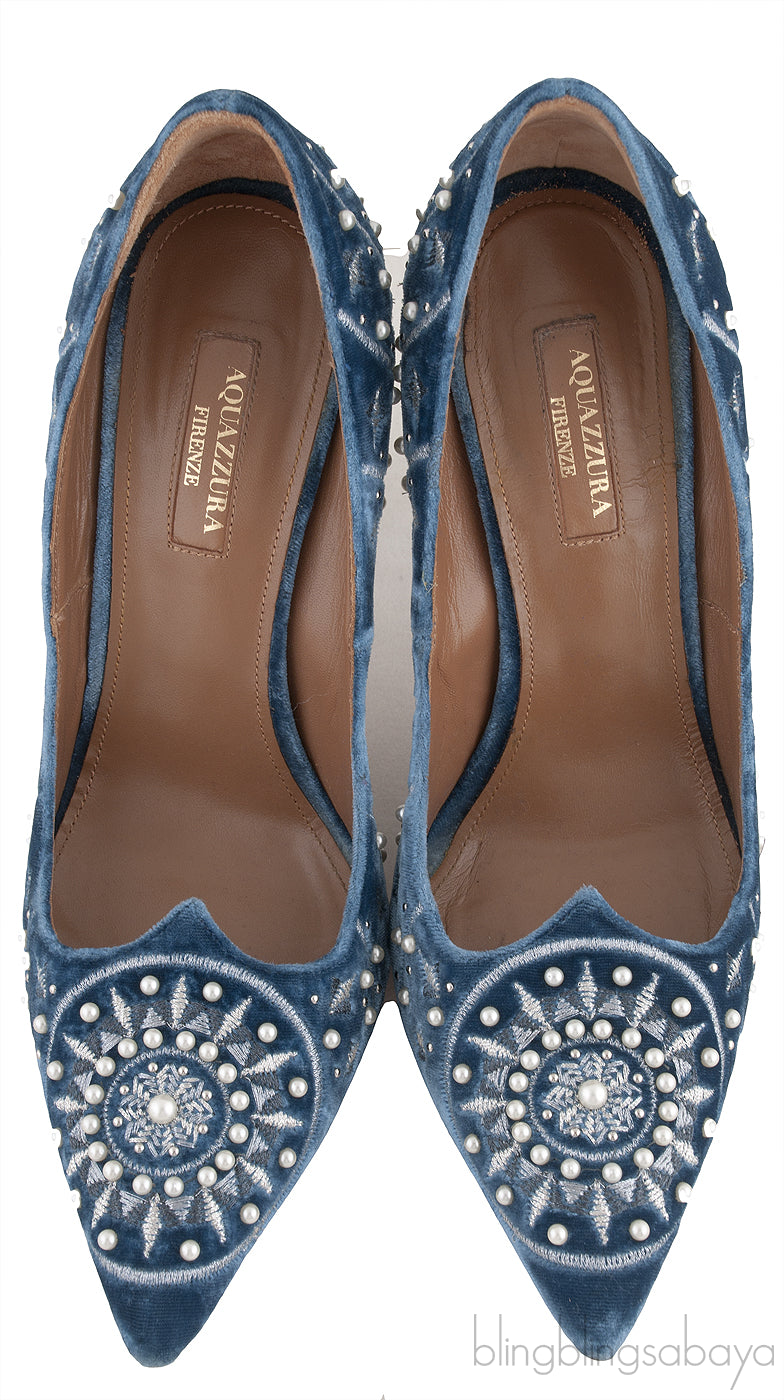 Pearl Embroidered Velvet Heels