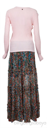 Pink Seam Free Engineered Cardigan & Tiered Multicolor Printed Skirt