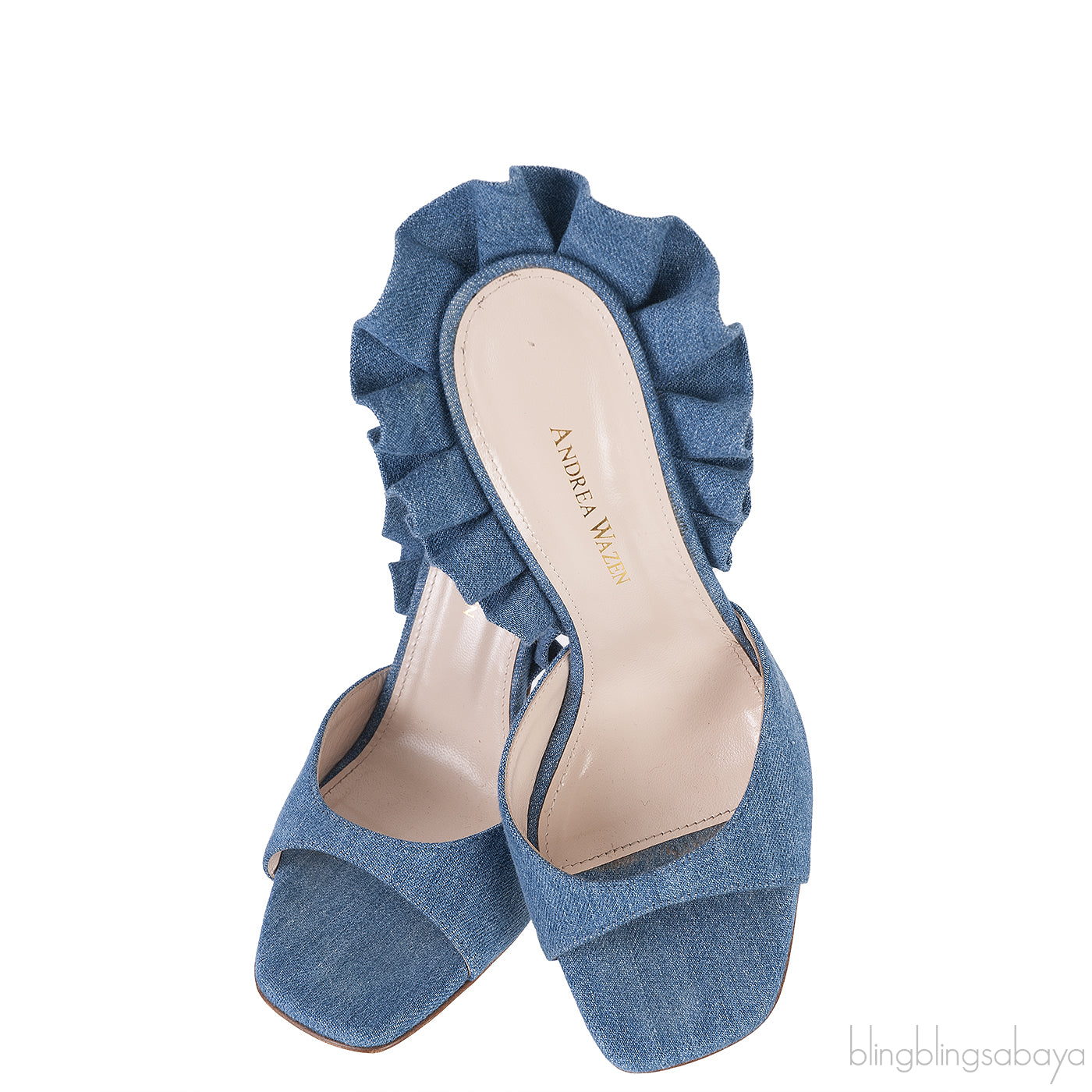 Andrea Wazen Blue Denim Rouches 105 Ruffled Mule Sandals