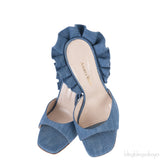 Andrea Wazen Blue Denim Rouches 105 Ruffled Mule Sandals