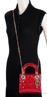 Christian Dior Lady Dior Mini Red Patent Quilted Leather GHW