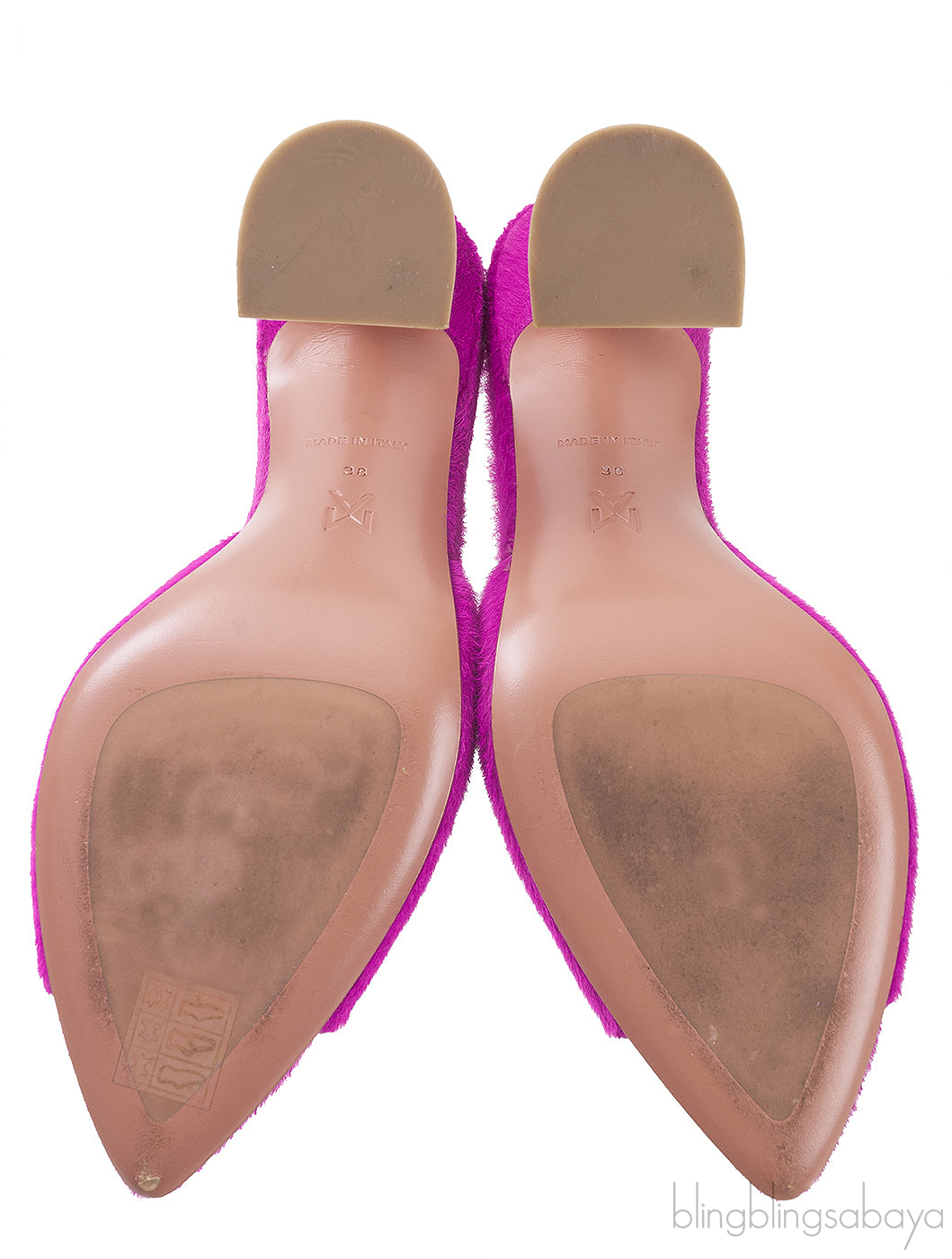 Amina Muaddi Magenta Pony Hair Caroline Sandals