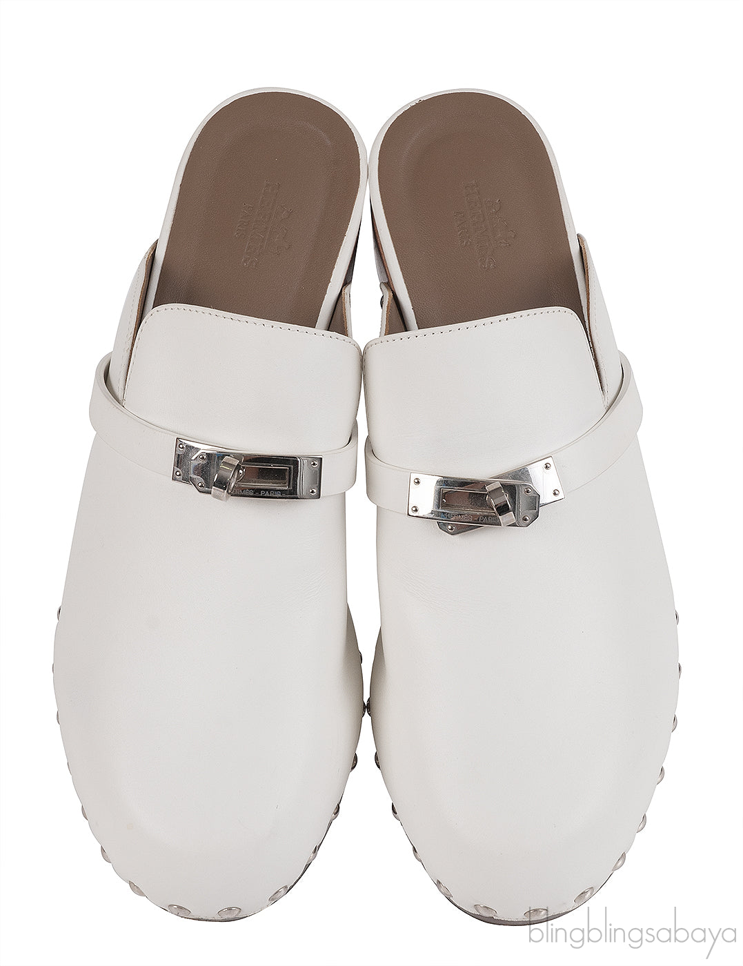 Hermes Carlota White Leather Mules