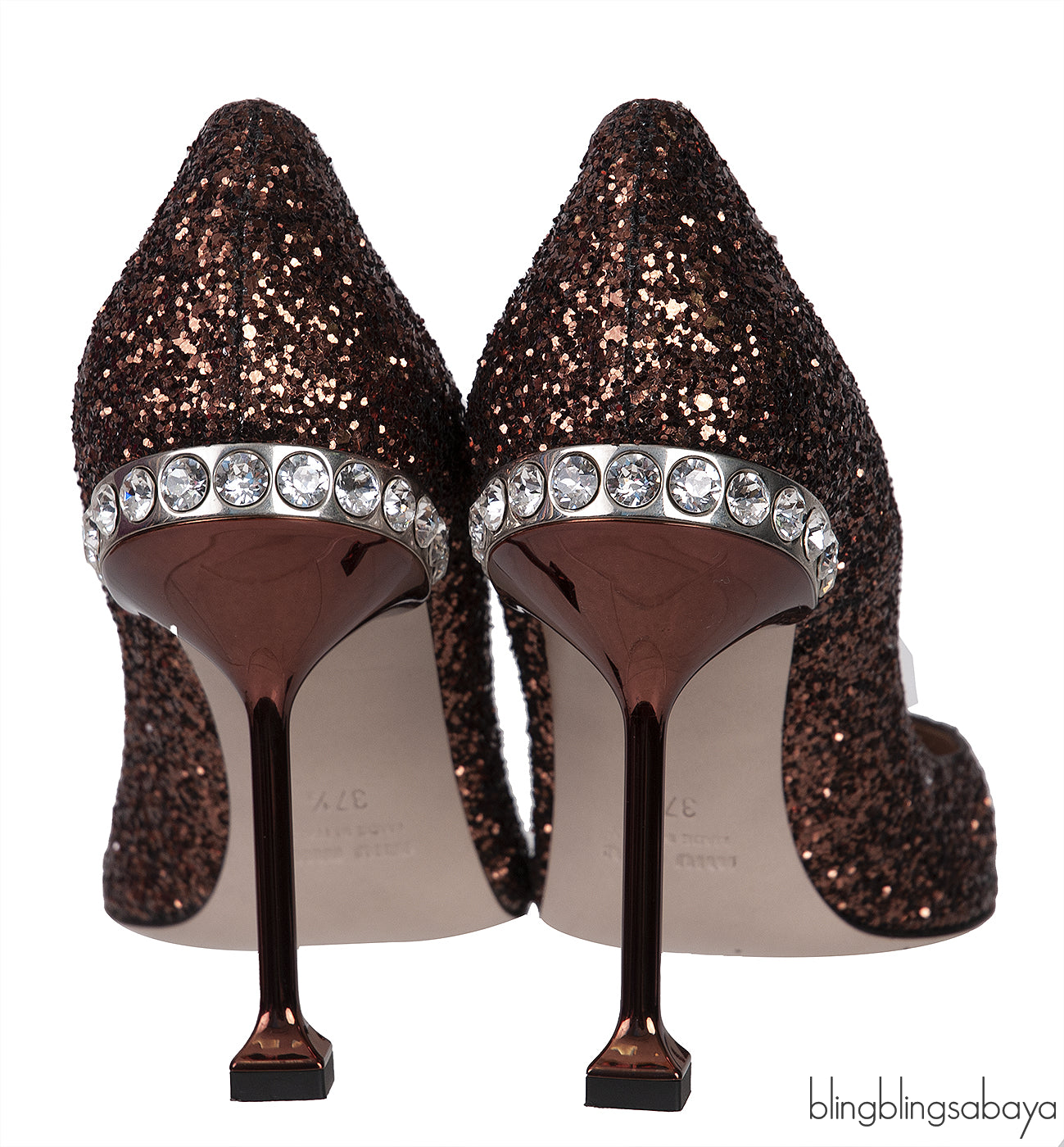 Bronze Glitter Pointed Toe Crystal Embellished Heels