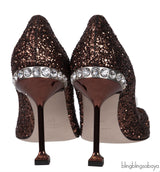 Bronze Glitter Pointed Toe Crystal Embellished Heels