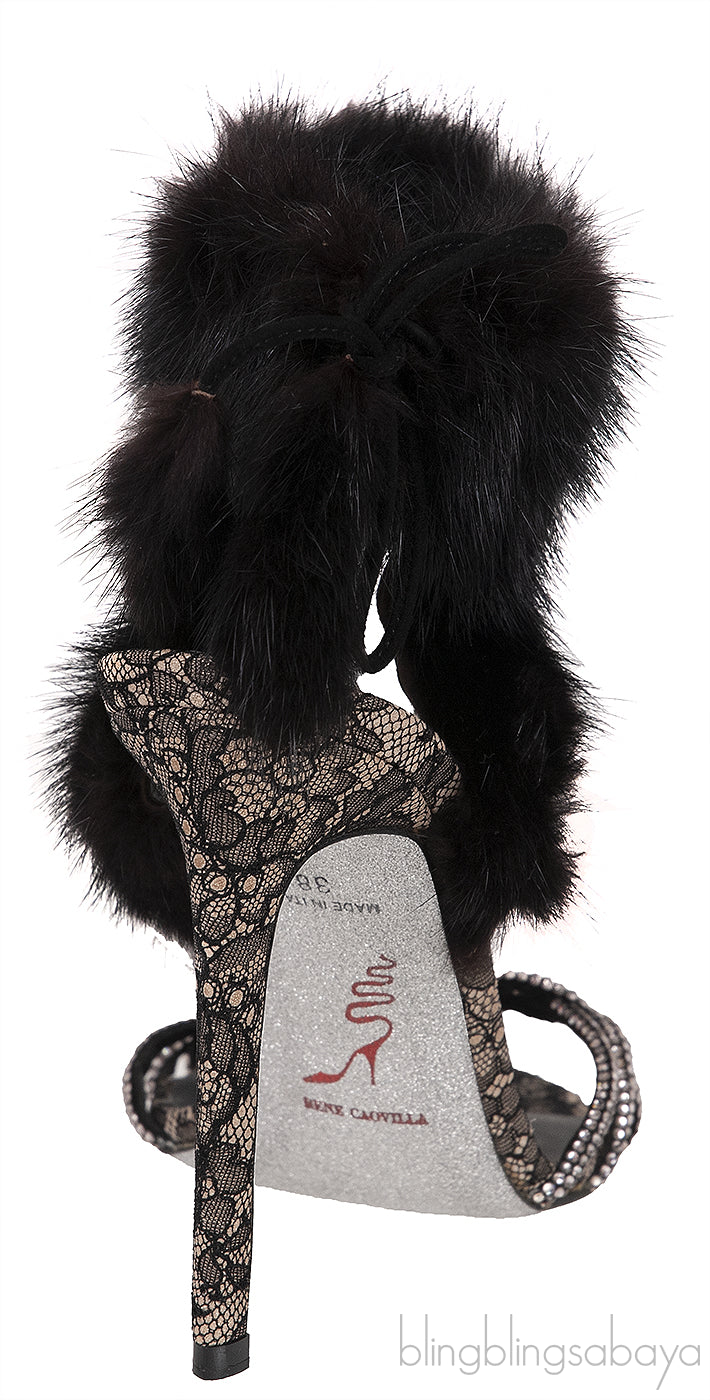 Lace and Fur Crystal Slingback Sandals