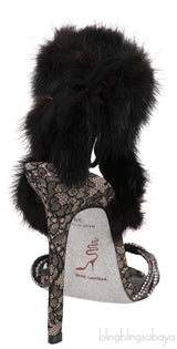Lace and Fur Crystal Slingback Sandals