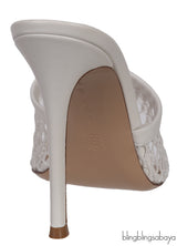 White Leather Trimmed Fishnet Mules