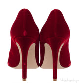 Red velvet pointed toe heels