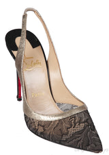 Christian Louboutin Black Floral Lace Gold Trim Slingback Heels
