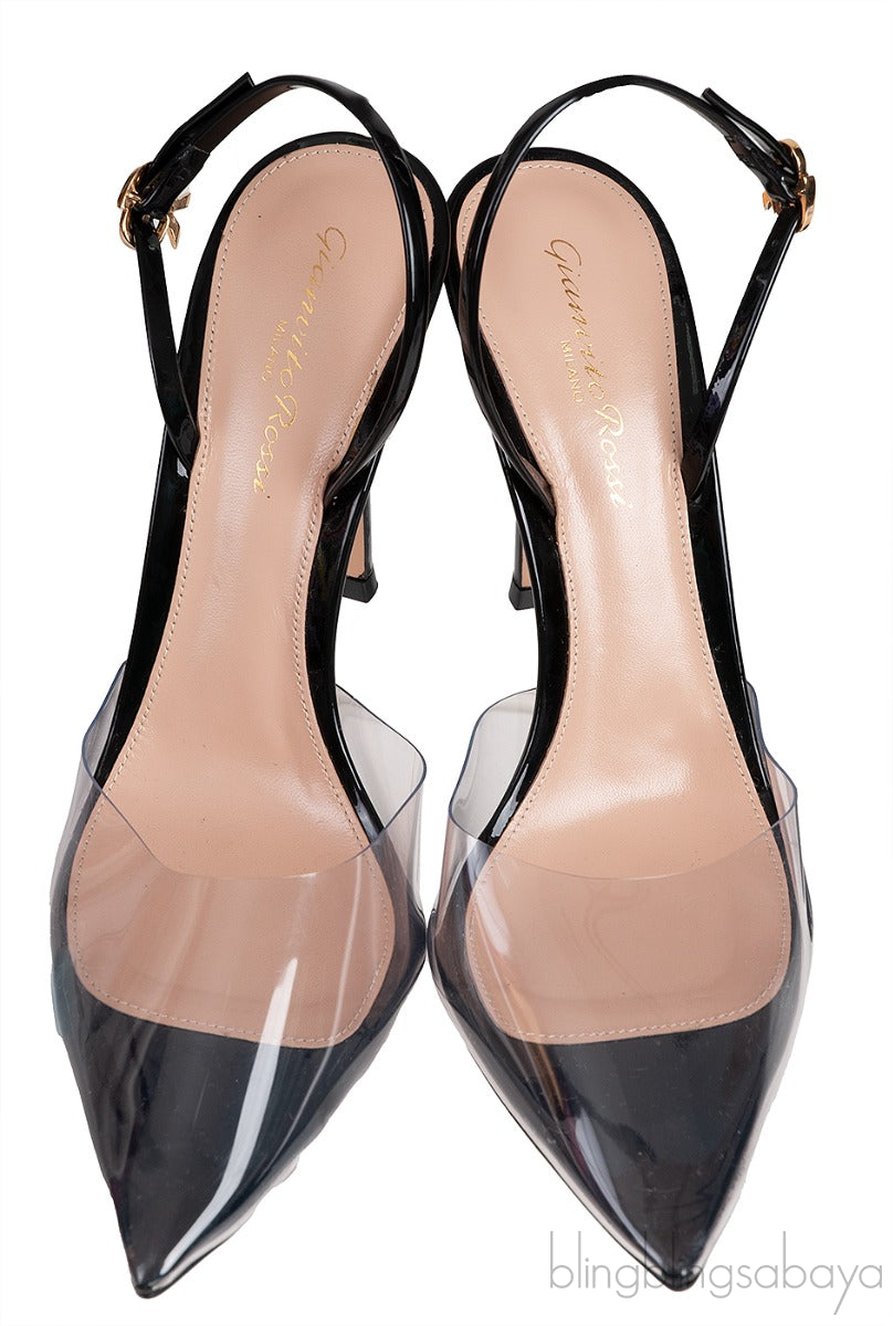 PVC Black Slingback Pointed Toe Heels
