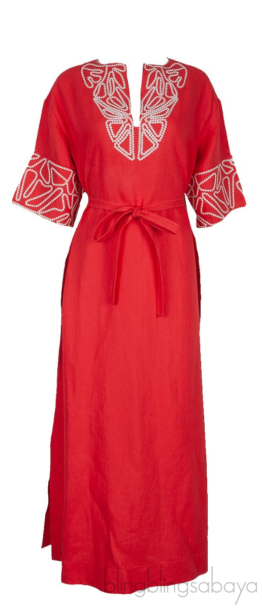 Coral Linen Embroidered Kaftan Dress
