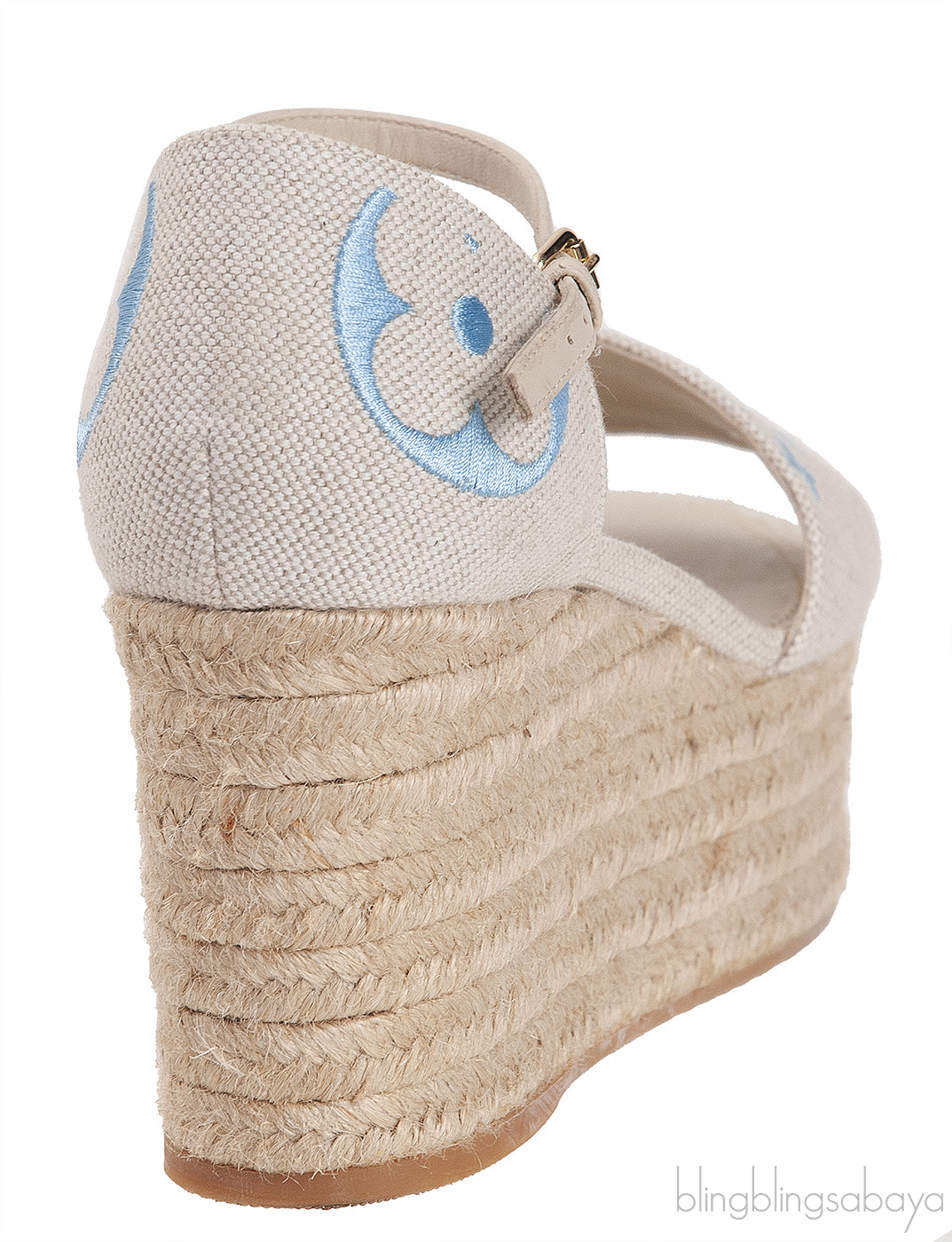Light Blue/Beige Canvas Monogram Starboard Espadrille Wedge Sandals