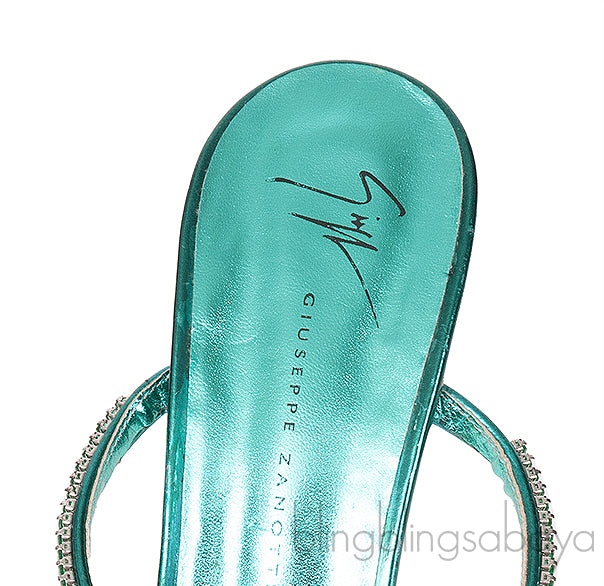 Giuseppe Zanotti Metallic Green Crystal Embellished Mules