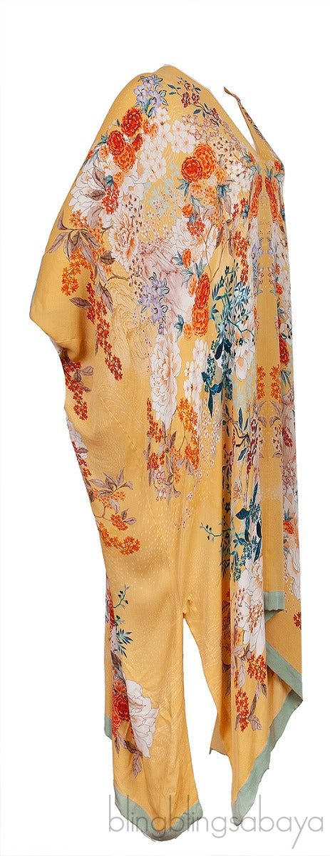 Yellow Floral Print Silk Kaftan Dress