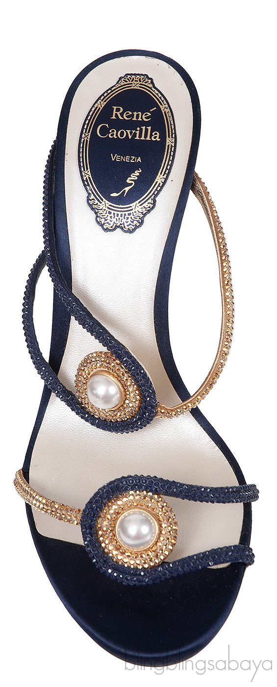 Pearl & Gold Crystal Blue Satin Sandals