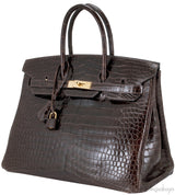 Birkin 35 Brown Patent Porosus GHW