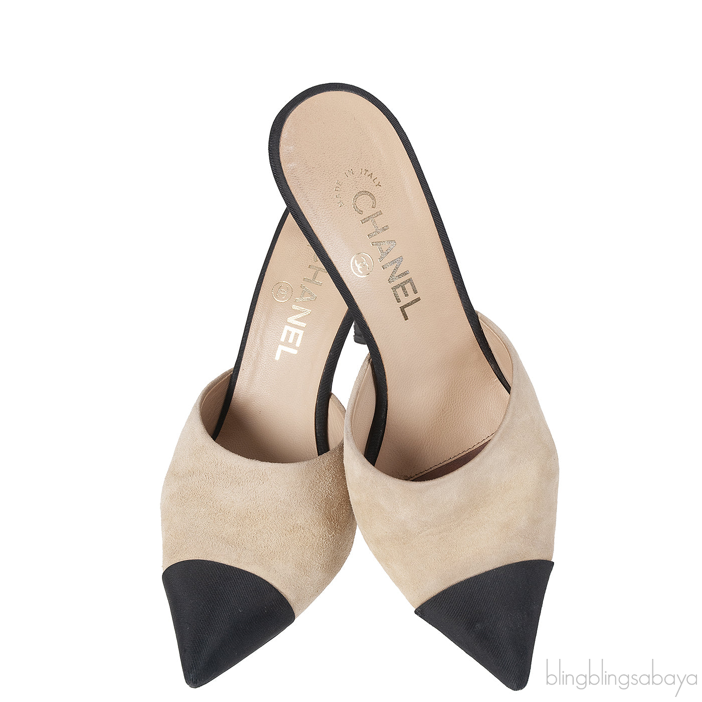 CHANEL BEIGE AND BLACK SUEDE POINTED MULE
