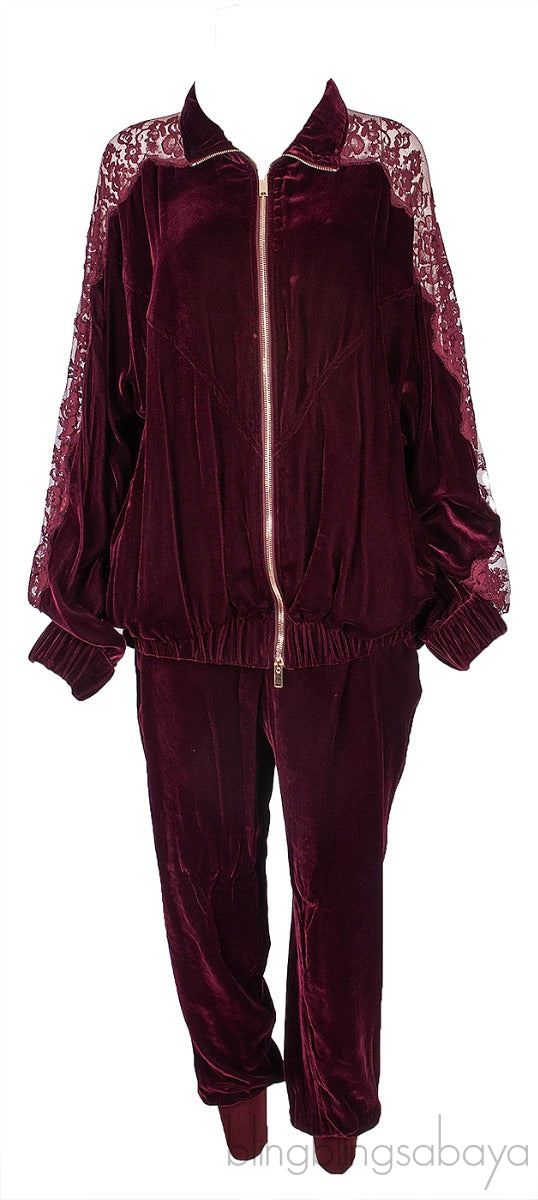 Burgundy Lace Trim Velvet Jacket & Jogger Set