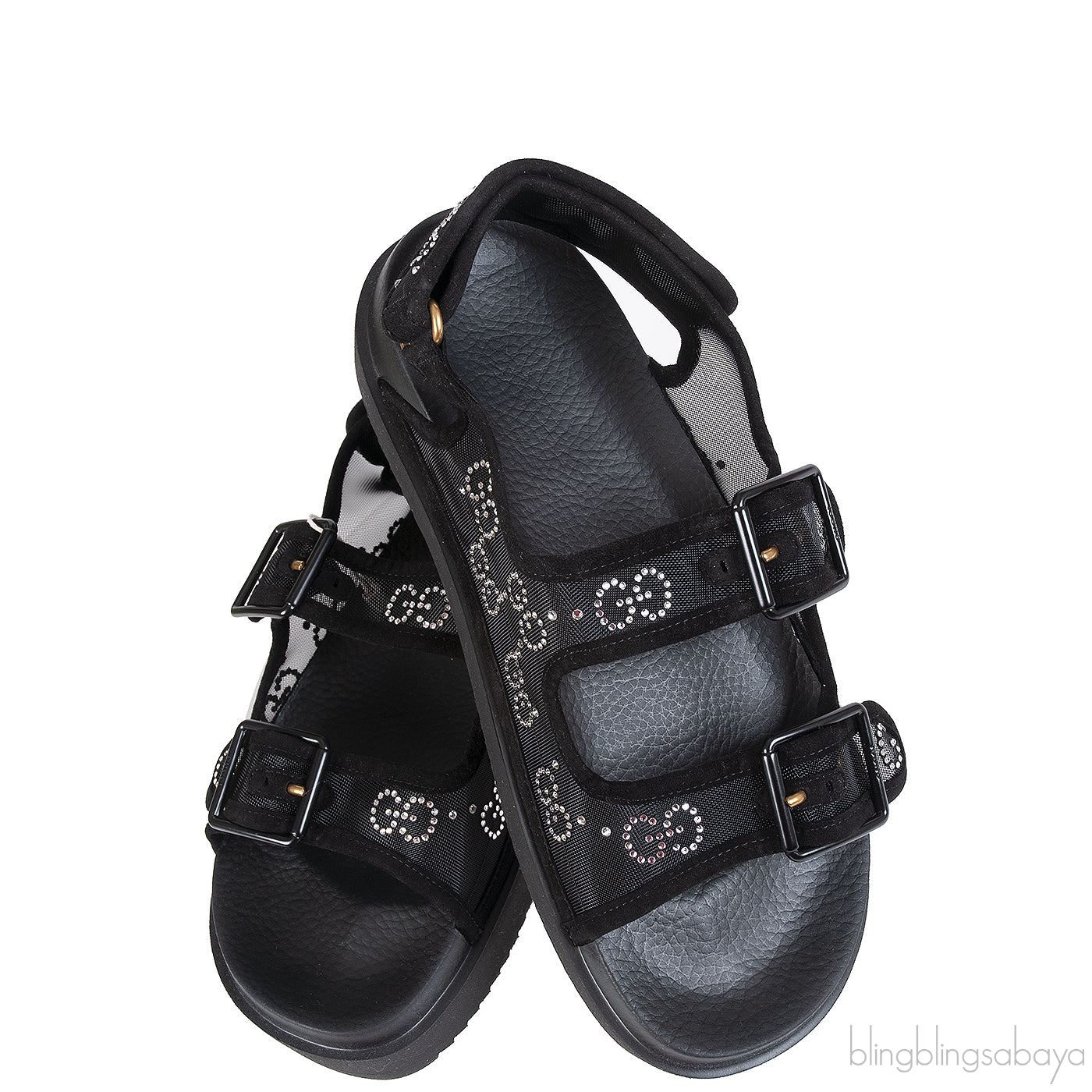 Gucci Black Crystal Embellished Monogram Pattern Sandals
