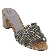 Moss Green Croc Embossed Crystal Heeled Sandals