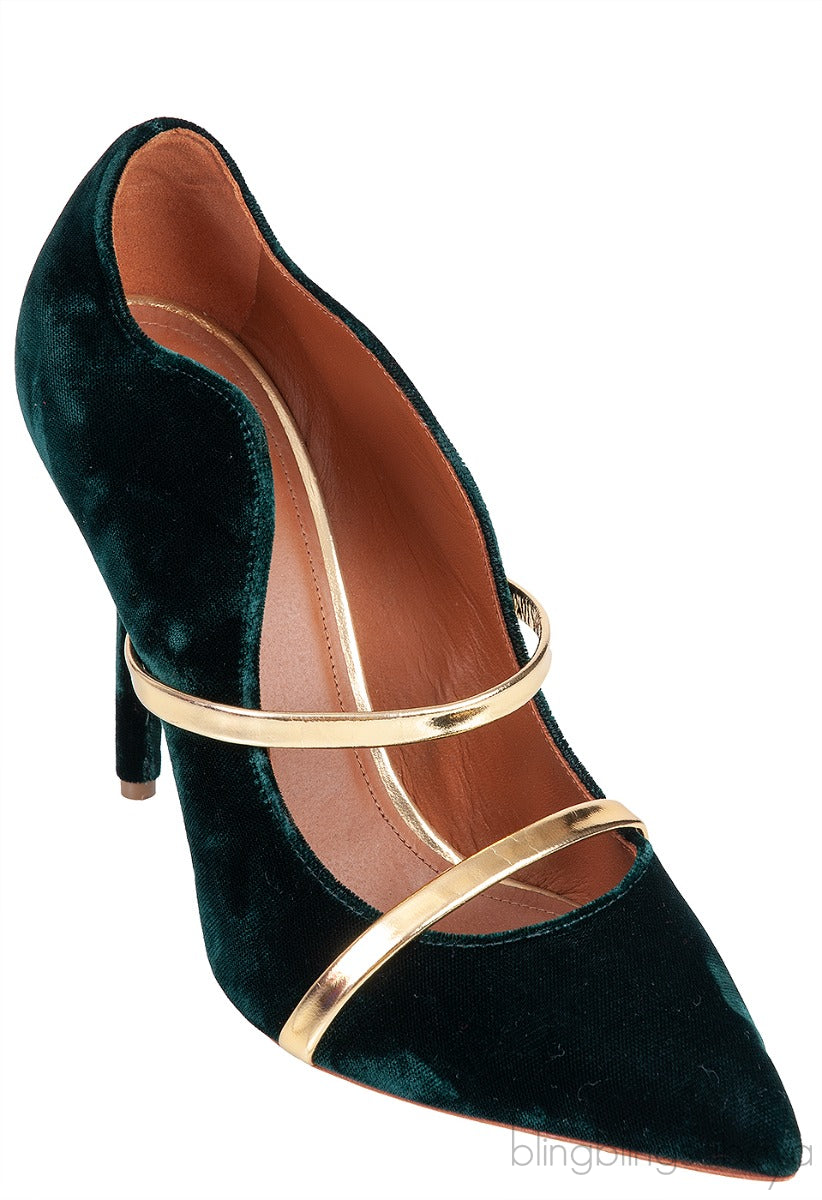 Maureen Emerald Velvet Gold Leather Trimmed Heels