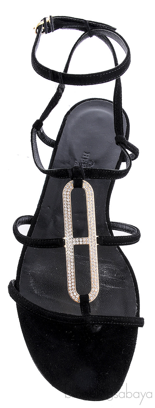 Black Suede Strass Flat Sandals
