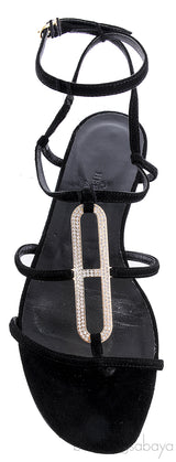 Black Suede Strass Flat Sandals