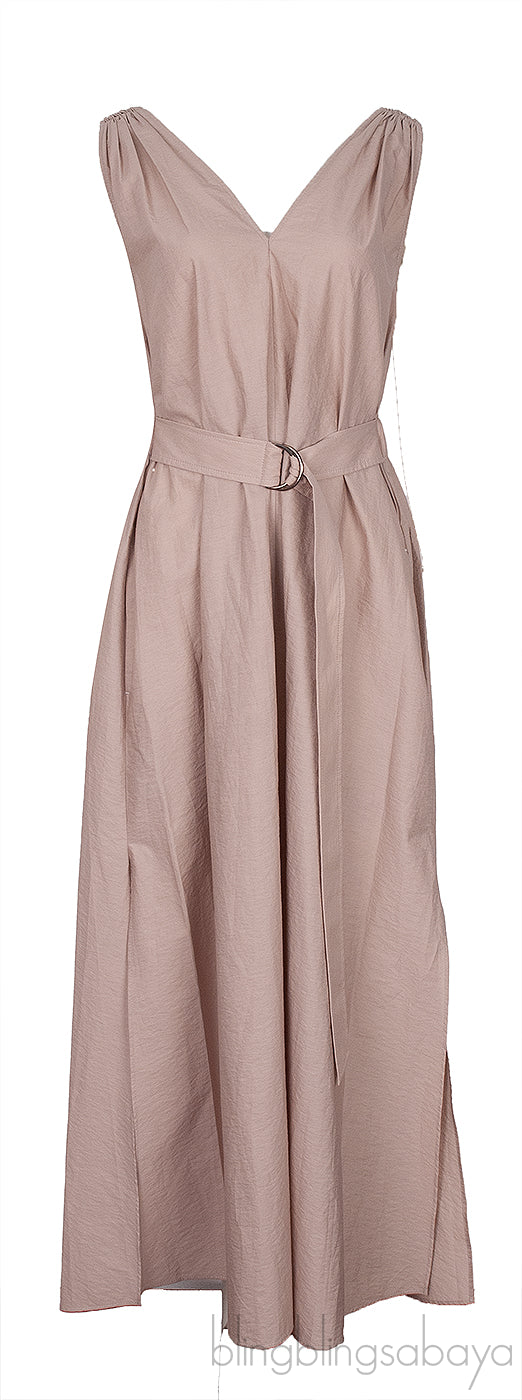 Nude Poplin Monili Shoulder Belted Midi Dress