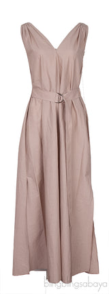 Nude Poplin Monili Shoulder Belted Midi Dress