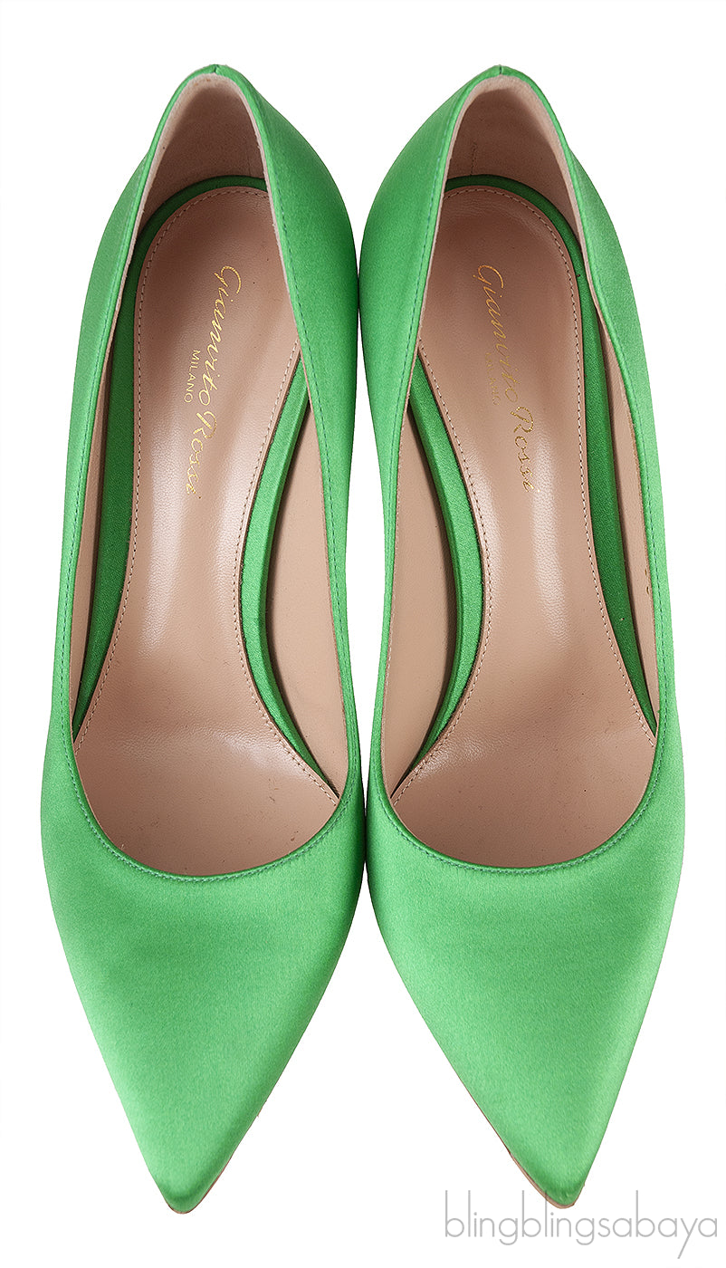 Green Satin Pointed Toe Heels