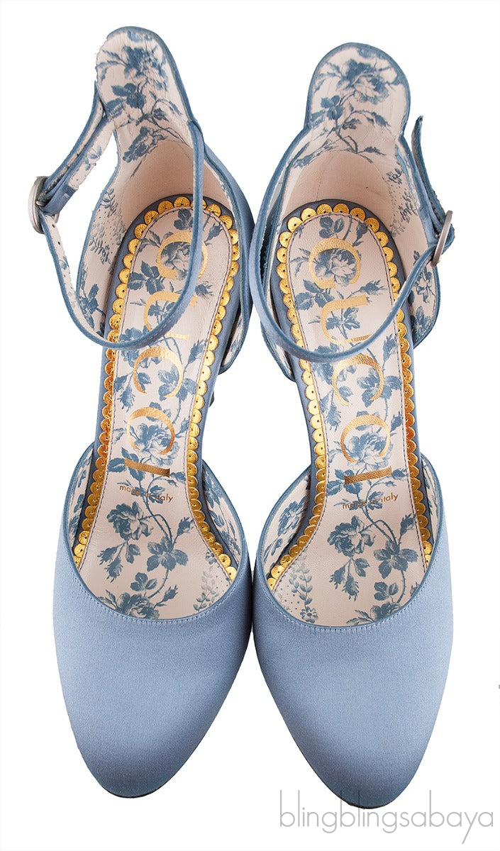 Gucci Blue Grey Satin Daisy 105 Slingback Heels