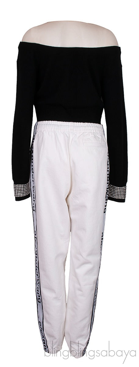 Mesh and Crystal Embellished Knitted Crop Top & White Denim Trouser