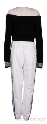 Mesh and Crystal Embellished Knitted Crop Top & White Denim Trouser