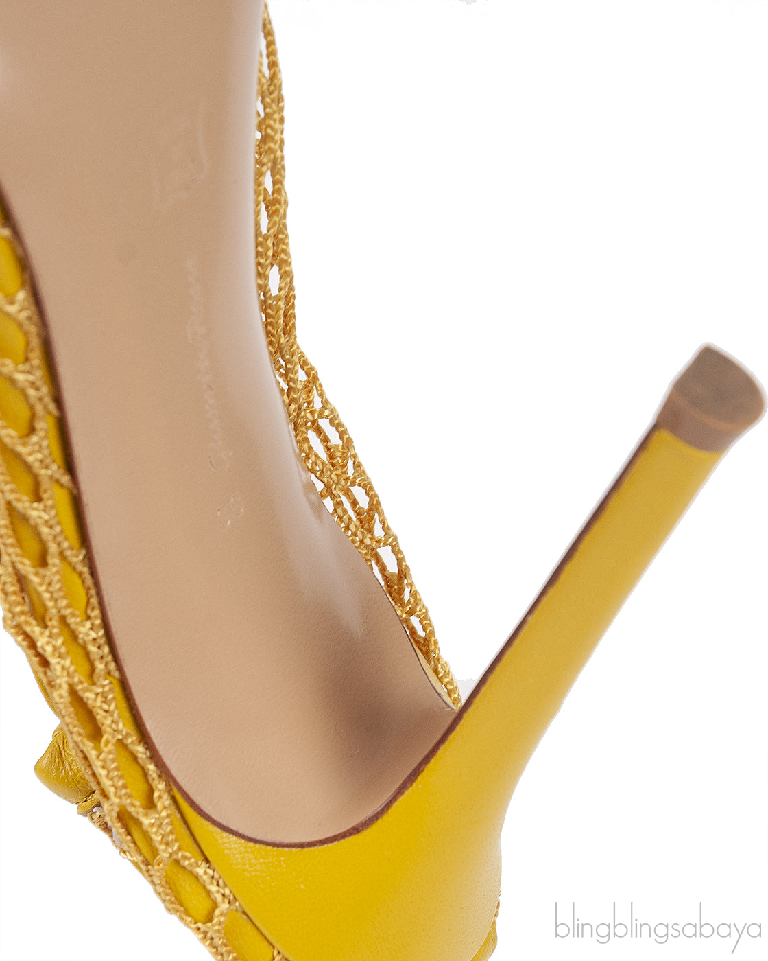 Mustard Leather Trimmed Fishnet Pump