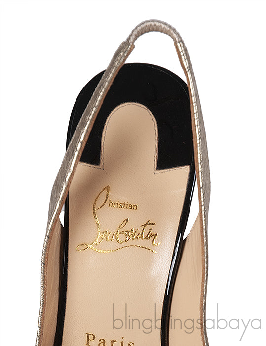 Christian Louboutin Black Floral Lace Gold Trim Slingback Heels
