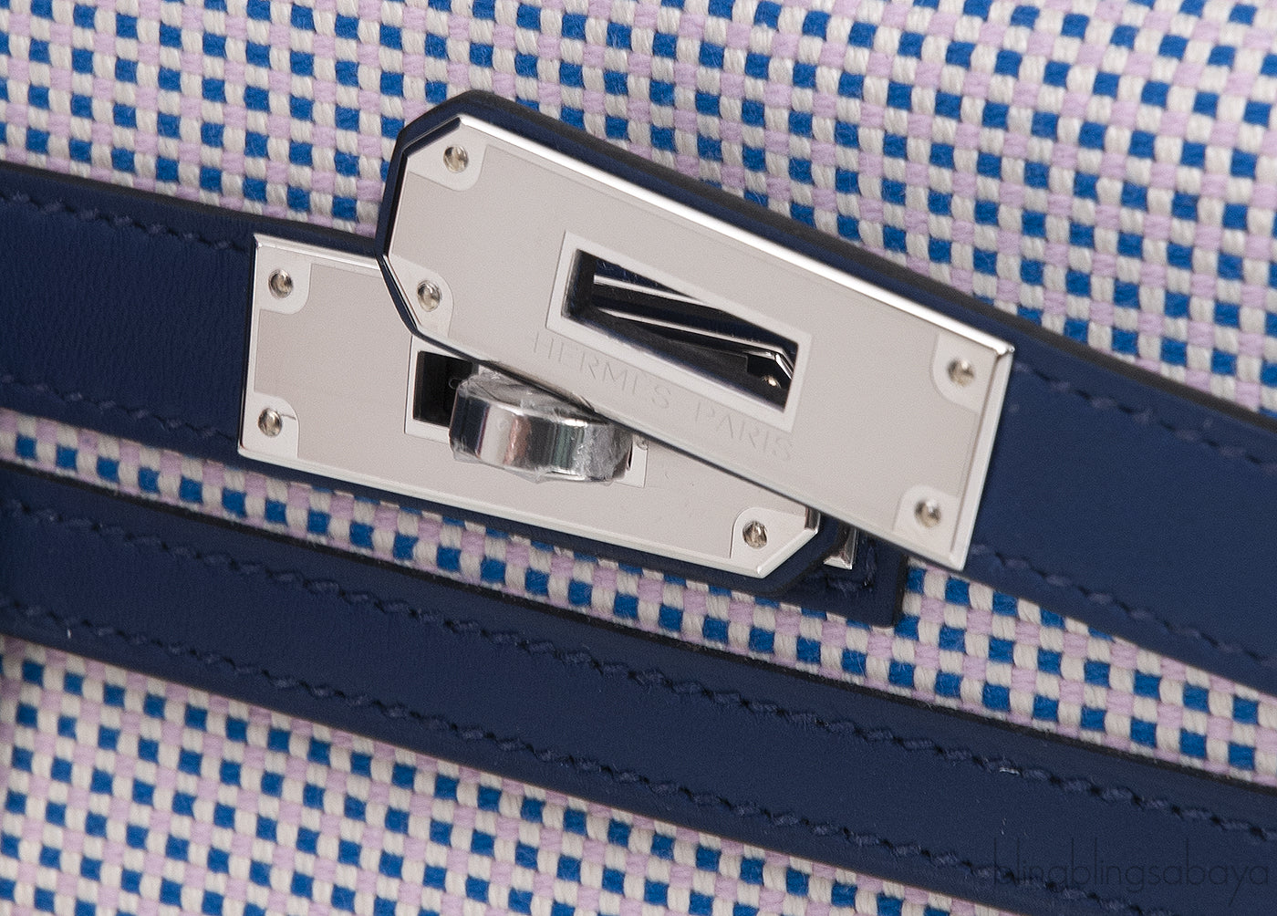 Kelly 28 Sellier Toile Quadrille Veau Swift Ecru-Mauve-Blue
