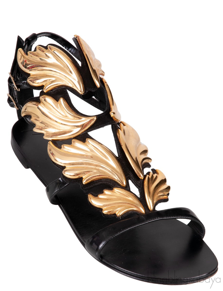 Ans Cruel Gold Metal Leaf Strappy Flat Sandals